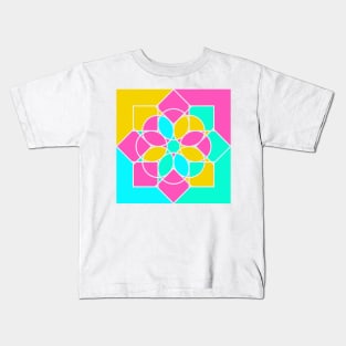 Random geometric elements in square print with bright neon colors Kids T-Shirt